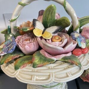 Fitz and Floyd Ceramic Basket with Floral and Butterfly Design